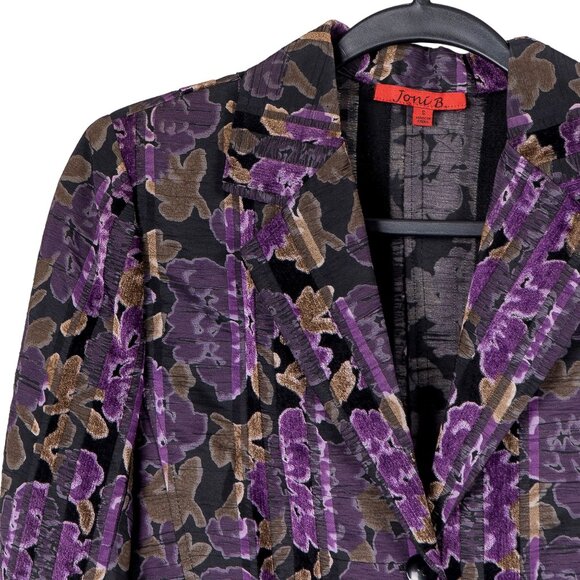 Joni B Blazer S Womens Floral Purple Black 3 Buttons Collared Velour Stripes - Picture 2 of 6